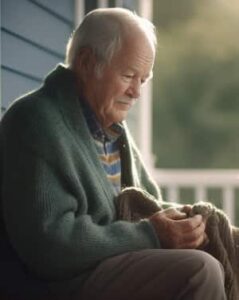 sad older man sitting on a porch
